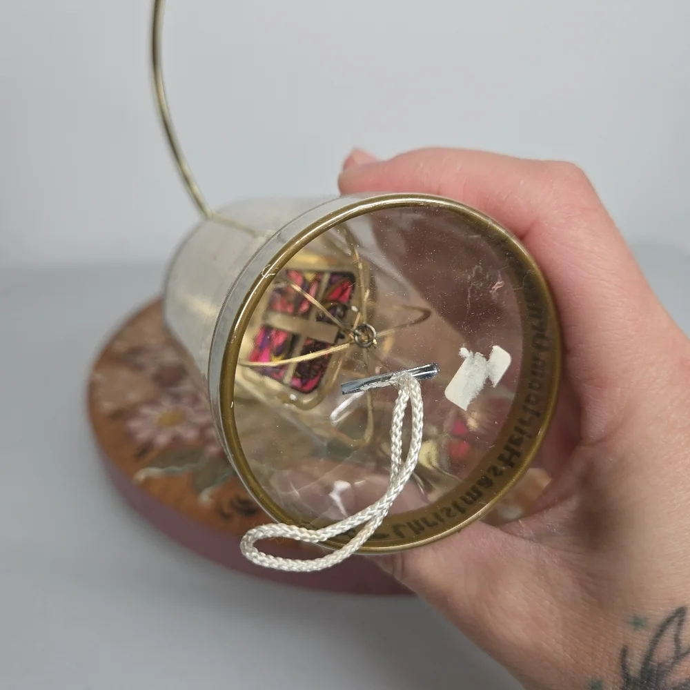 VTG Christmas Heirloom Ornament 24kt Gold Plated Cross Pink Purple Stained Glass